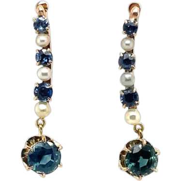 Antique Teal Blue Sapphire and Pearl Earrings Mont