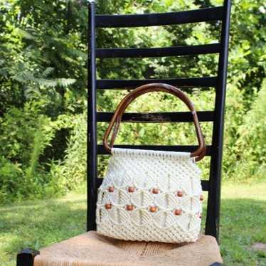 Vintage Hand Crafted Macrame Purse Knit Ivory woo… - image 1
