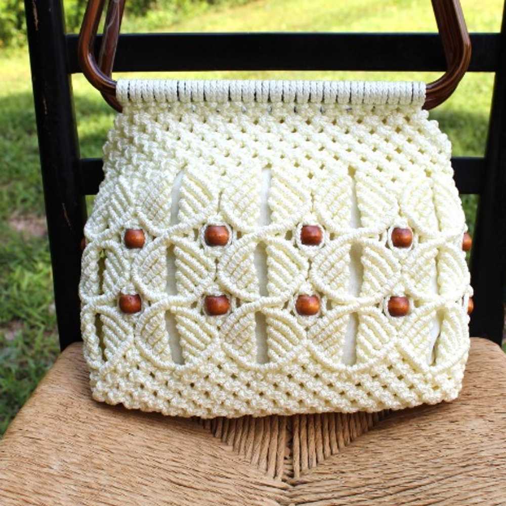 Vintage Hand Crafted Macrame Purse Knit Ivory woo… - image 3