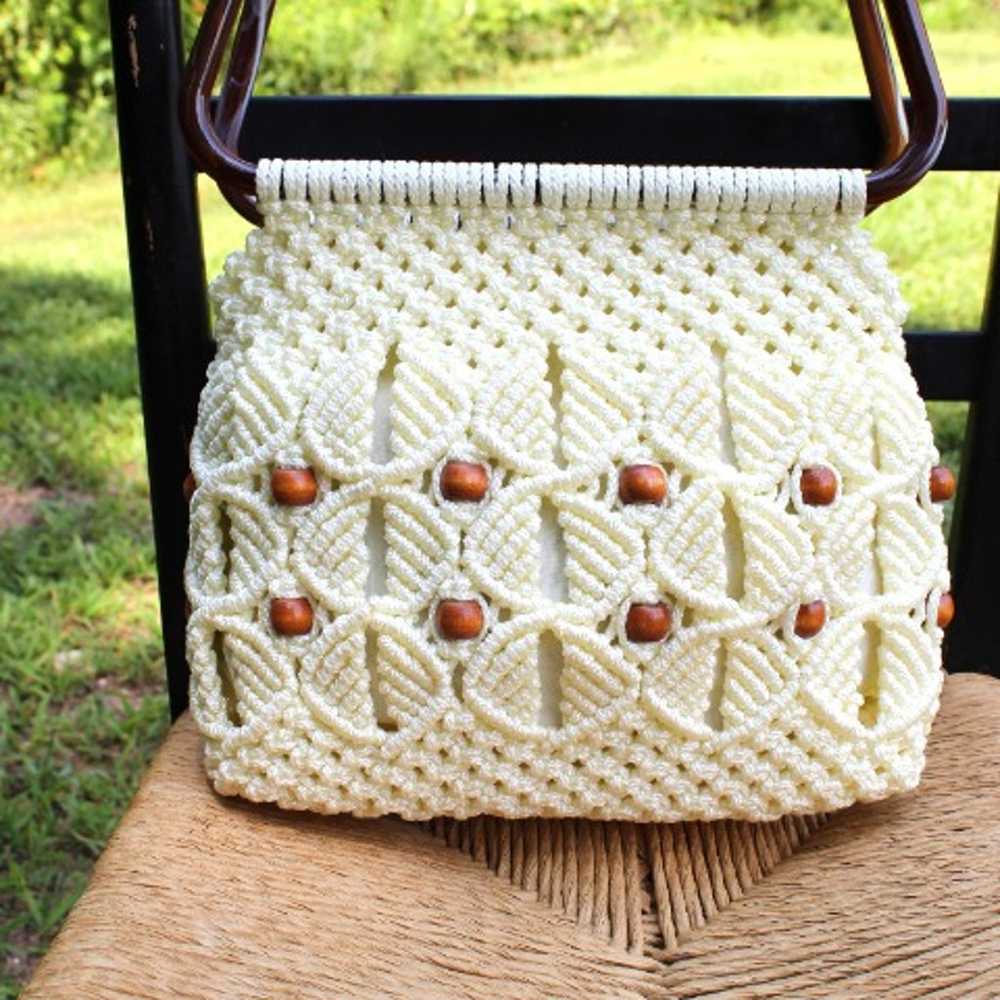 Vintage Hand Crafted Macrame Purse Knit Ivory woo… - image 4