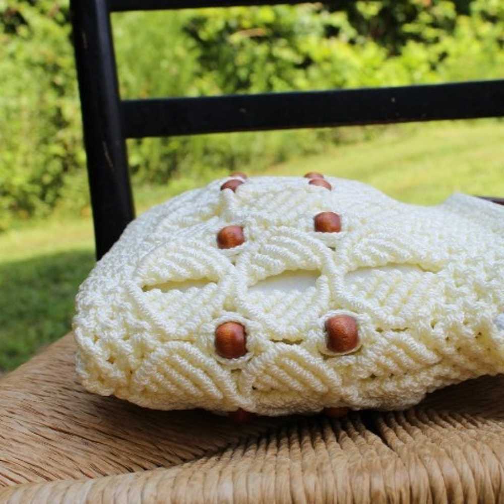 Vintage Hand Crafted Macrame Purse Knit Ivory woo… - image 5