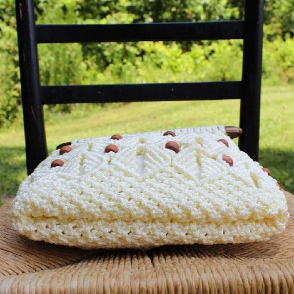 Vintage Hand Crafted Macrame Purse Knit Ivory woo… - image 6