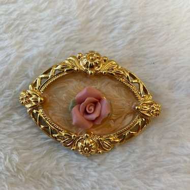 Brooch Pin with Raised Pink Rose Intricately Fram… - image 1