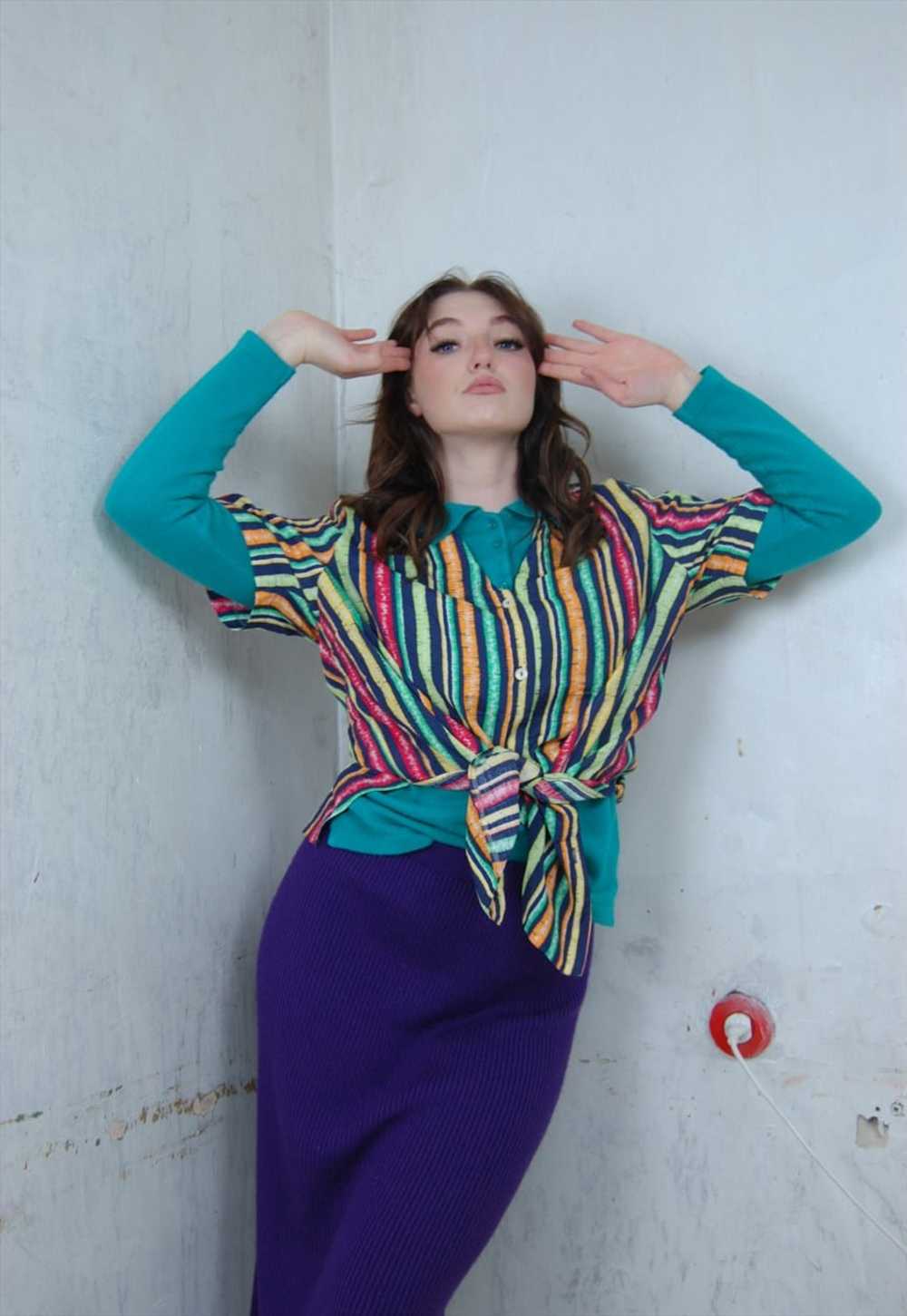 Vintage 80's cool peace stripped funky blouse shi… - image 4