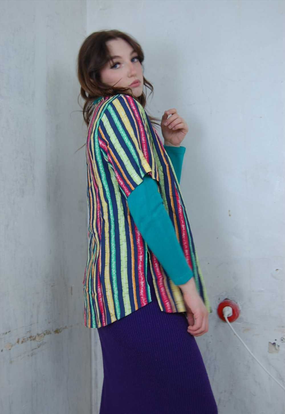 Vintage 80's cool peace stripped funky blouse shi… - image 5
