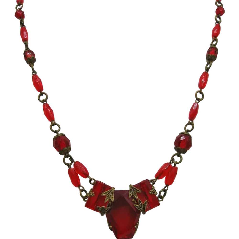 Vintage Red Glass Czech Necklace - image 1