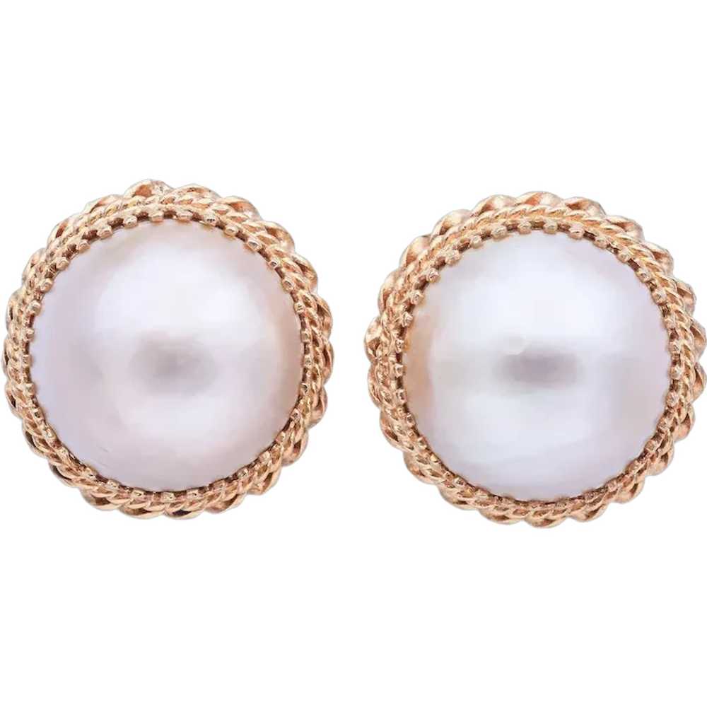 Vintage 14K Yellow Gold Mabe Pearl Clip-On Earrin… - image 1