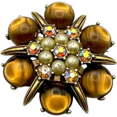 Brown and Goldtone Flower Brooch with Pretty Faux… - image 1