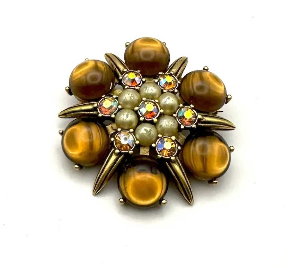 Brown and Goldtone Flower Brooch with Pretty Faux… - image 2