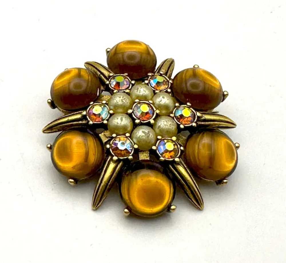 Brown and Goldtone Flower Brooch with Pretty Faux… - image 3