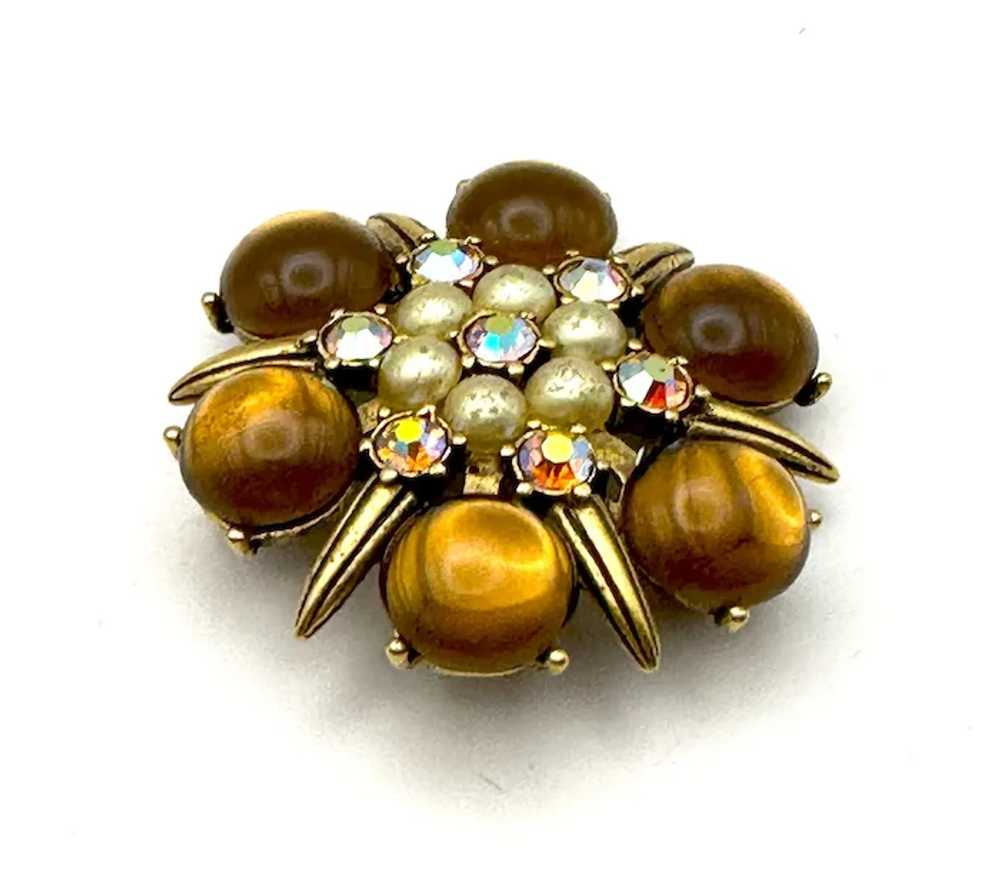 Brown and Goldtone Flower Brooch with Pretty Faux… - image 4