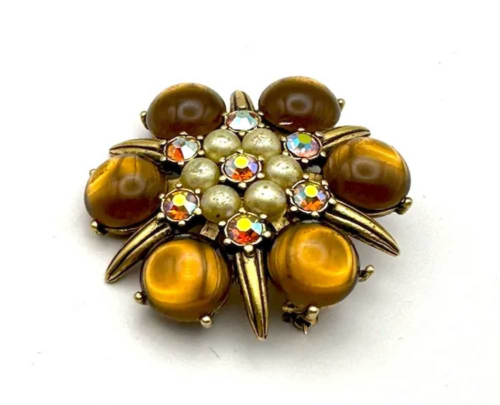 Brown and Goldtone Flower Brooch with Pretty Faux… - image 5