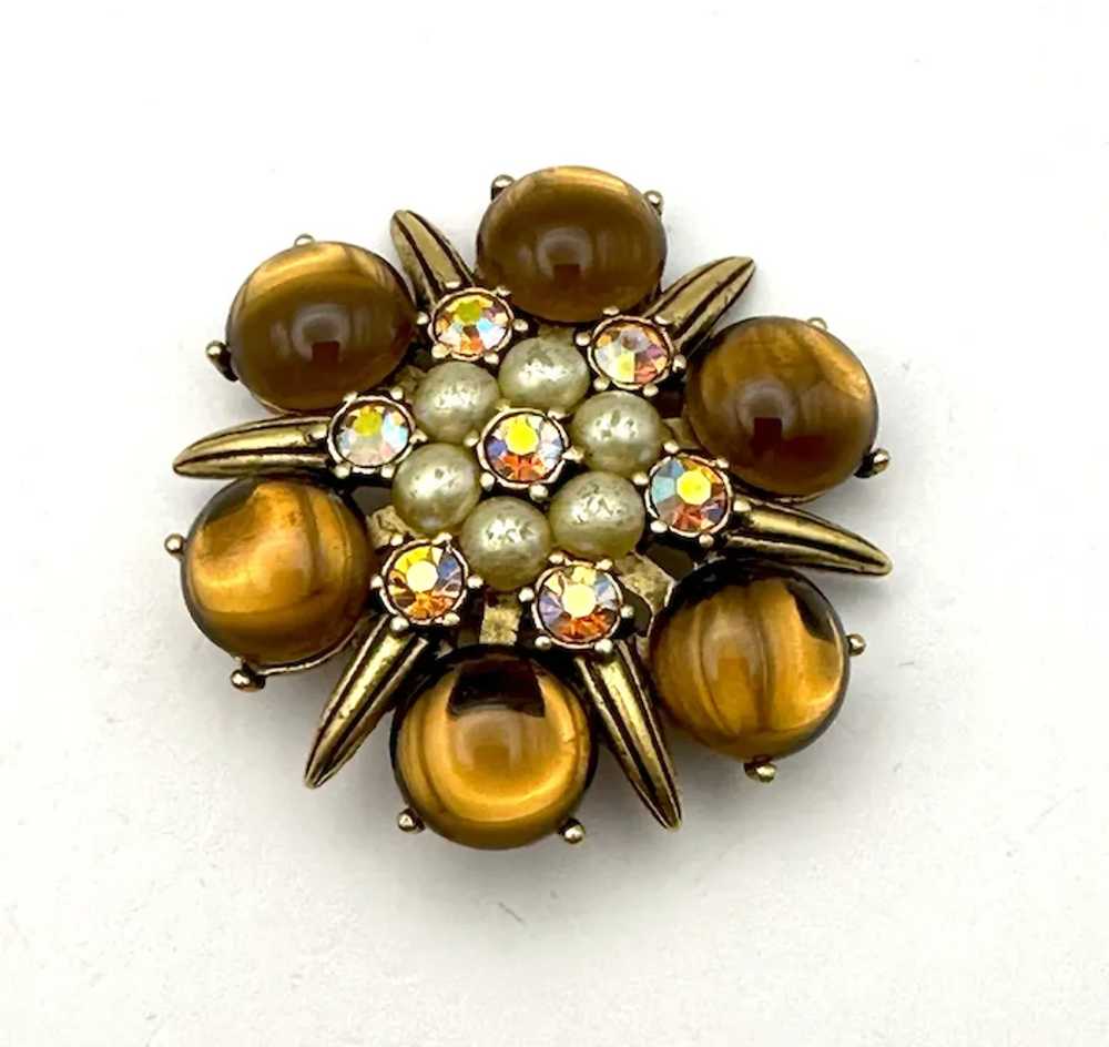 Brown and Goldtone Flower Brooch with Pretty Faux… - image 6