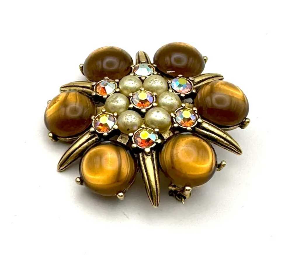 Brown and Goldtone Flower Brooch with Pretty Faux… - image 8