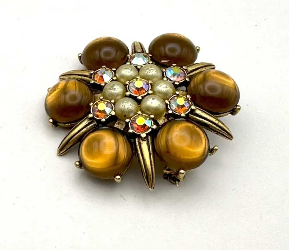 Brown and Goldtone Flower Brooch with Pretty Faux… - image 9