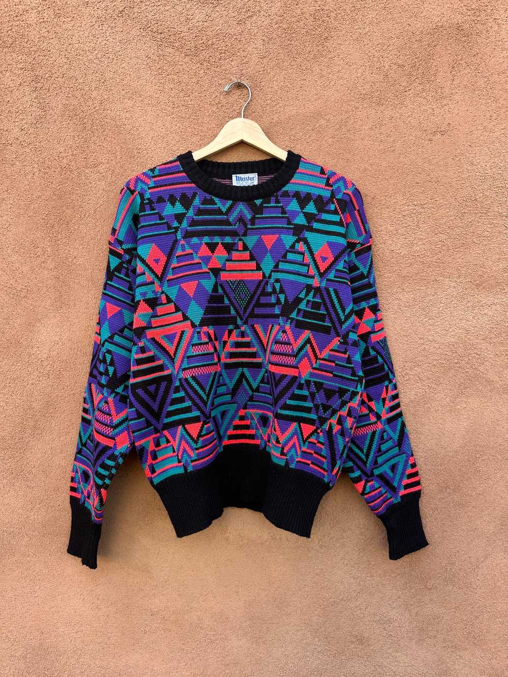 80's Meister Neon Geometric Wool Blend Sweater - image 1