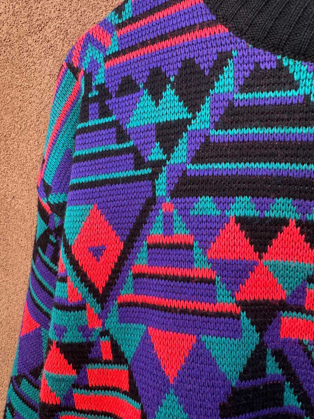 80's Meister Neon Geometric Wool Blend Sweater - image 2