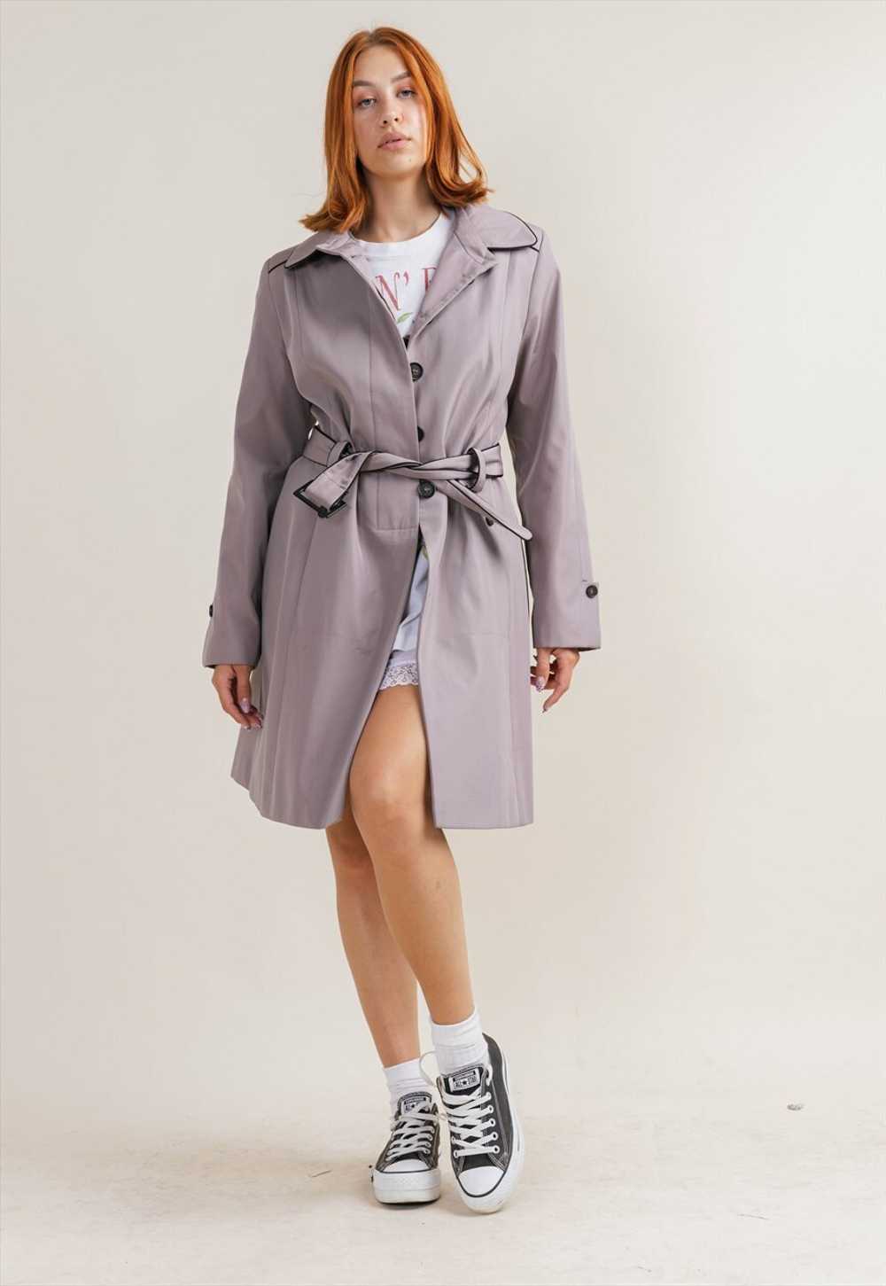 Vintage 80s Gray Mini Belted Trench Coat Women M - image 2