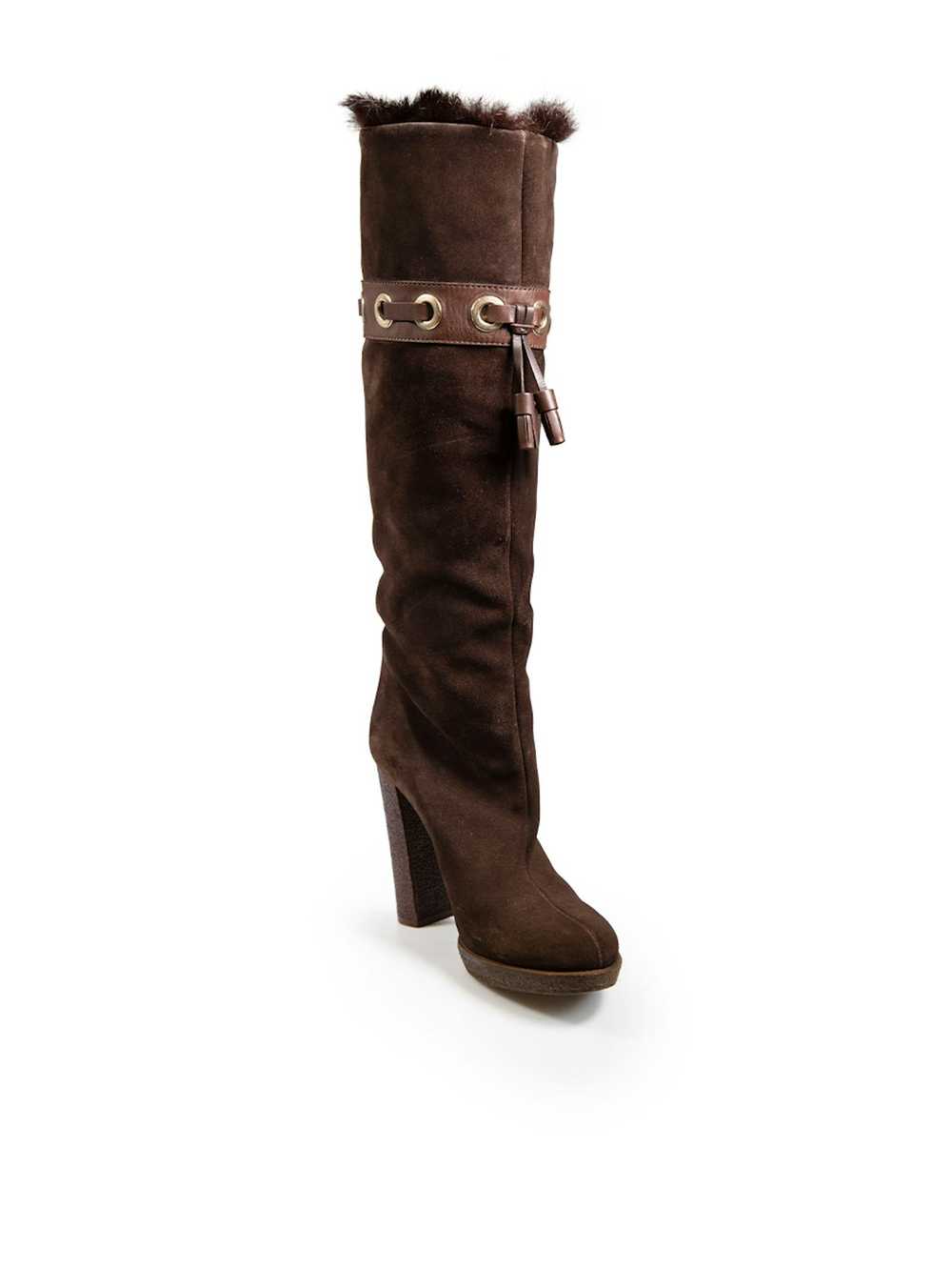 Gucci Brown Suede Fur Lined Tassels Accent Boots - image 2