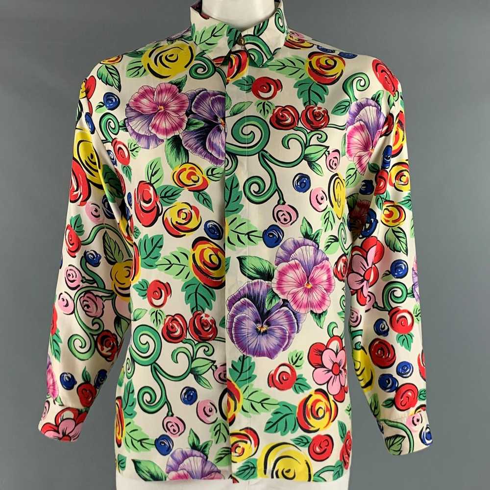 Versace White MultiColor Floral Silk Long Sleeve … - image 1