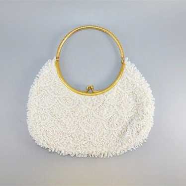 99/397 Vintage White Beaded Purse with Gold Toned… - image 1