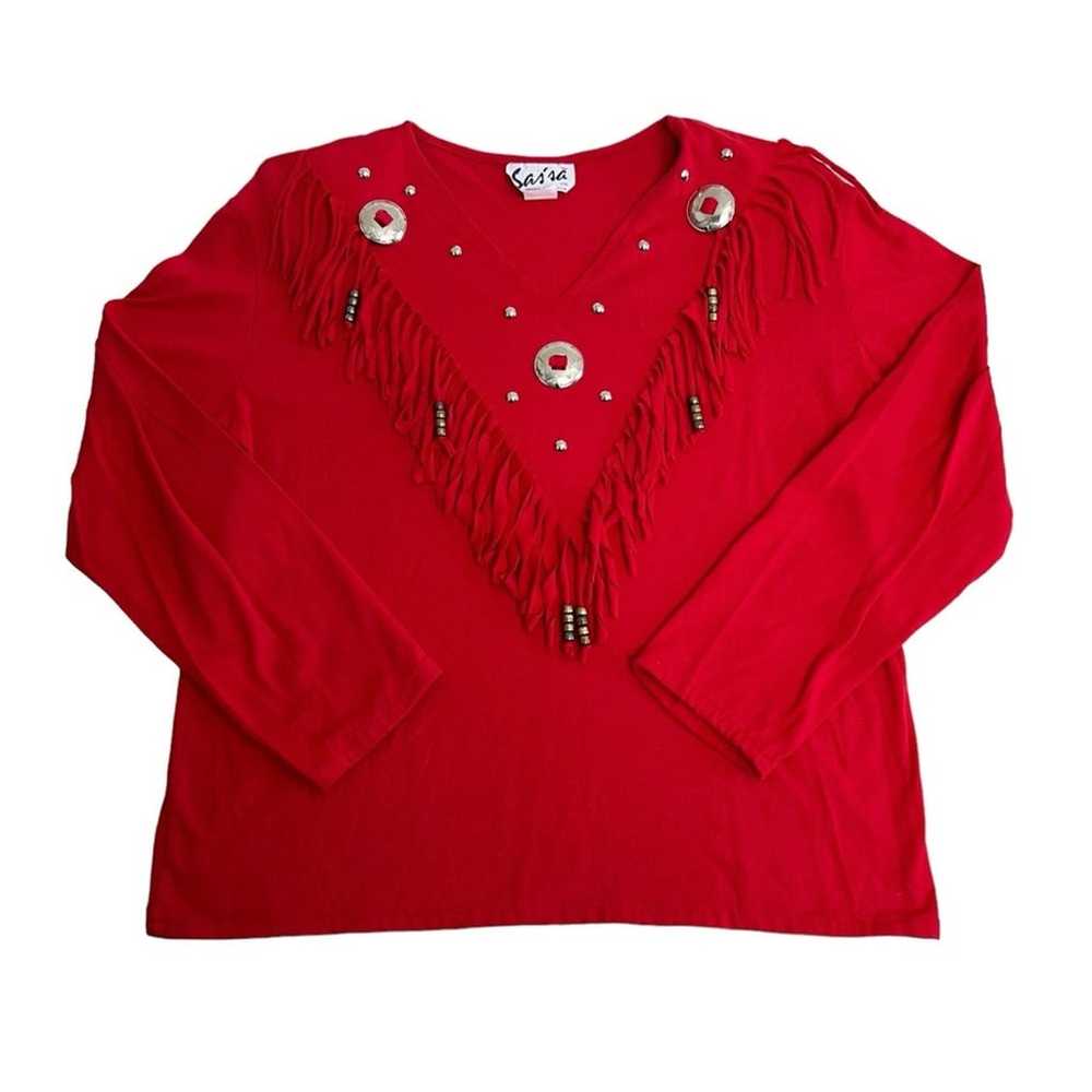 Vintage Sassa Shirt Womens Medium Red Fringe West… - image 1