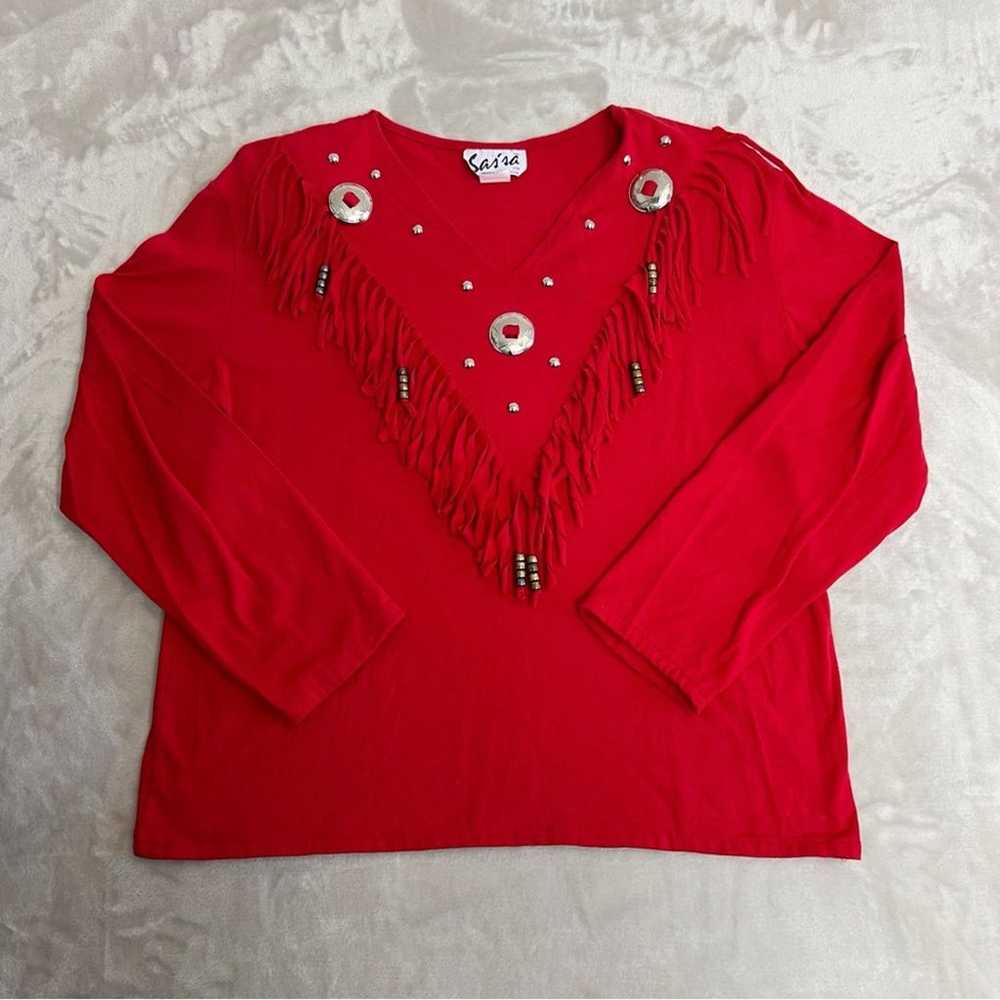 Vintage Sassa Shirt Womens Medium Red Fringe West… - image 2
