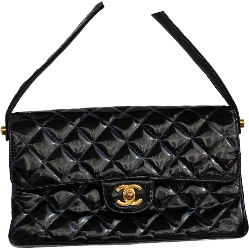 Chanel 1996 Black Patent Quilted Medium Double Si… - image 1