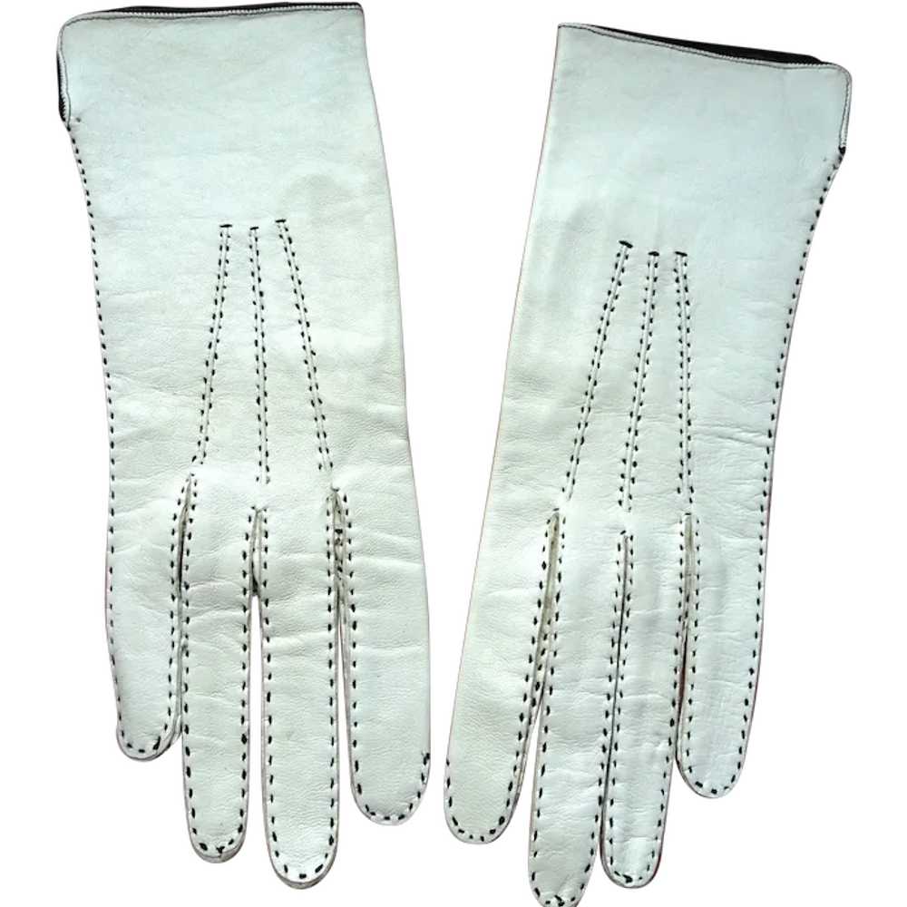 LOVELY French Vintage Leather Gloves, Cream With … - image 1