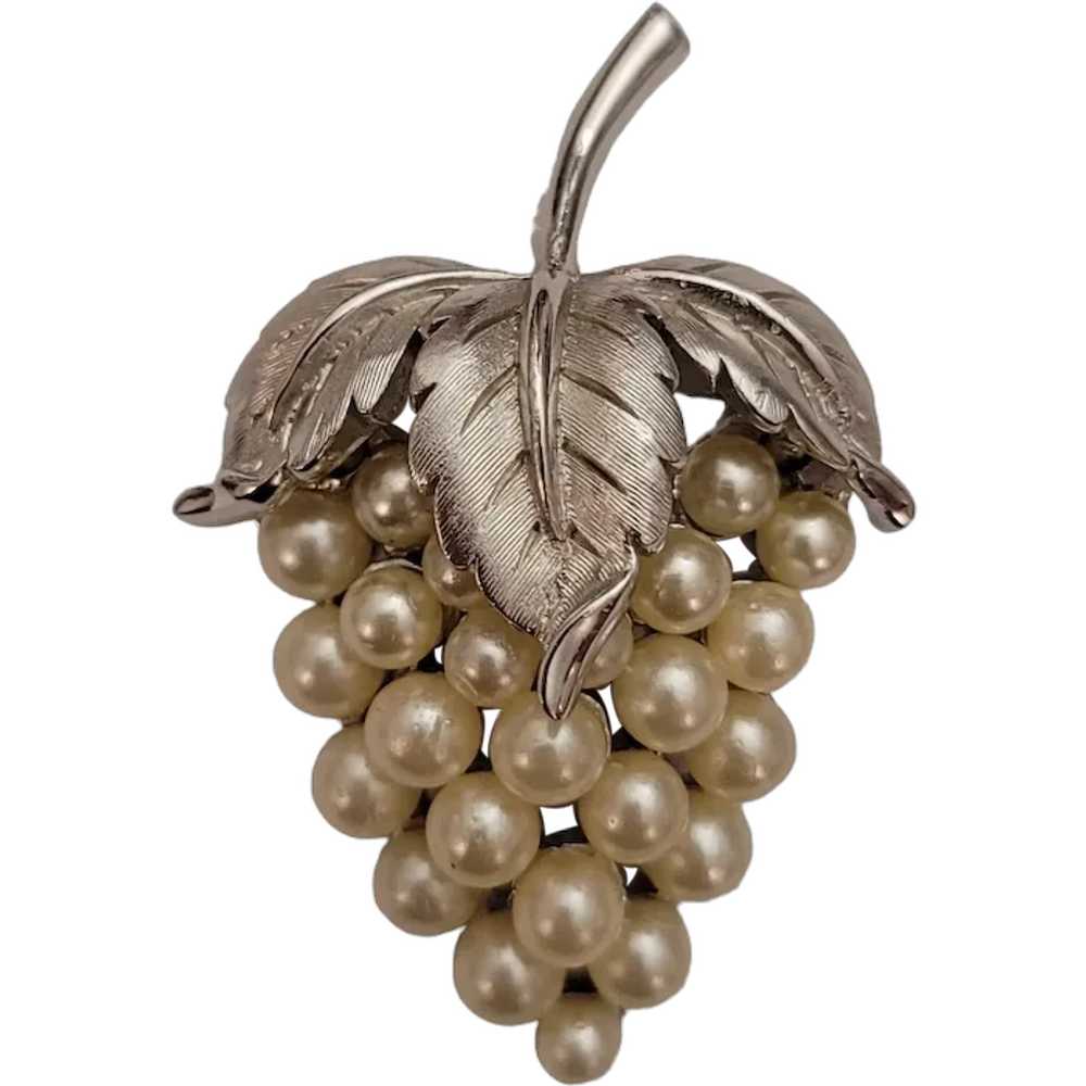 Trifari Crown Over T Silver Tone Faux Pearl Grape… - image 1