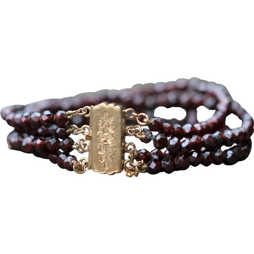 Antique four strand garnet bead bracelet, 14k yel… - image 1