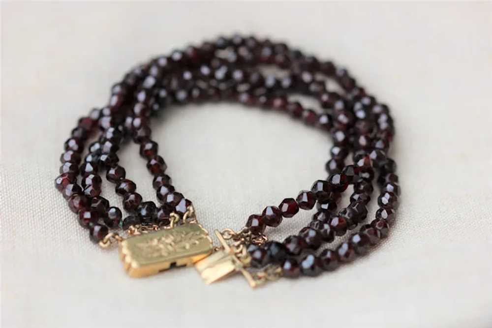Antique four strand garnet bead bracelet, 14k yel… - image 2