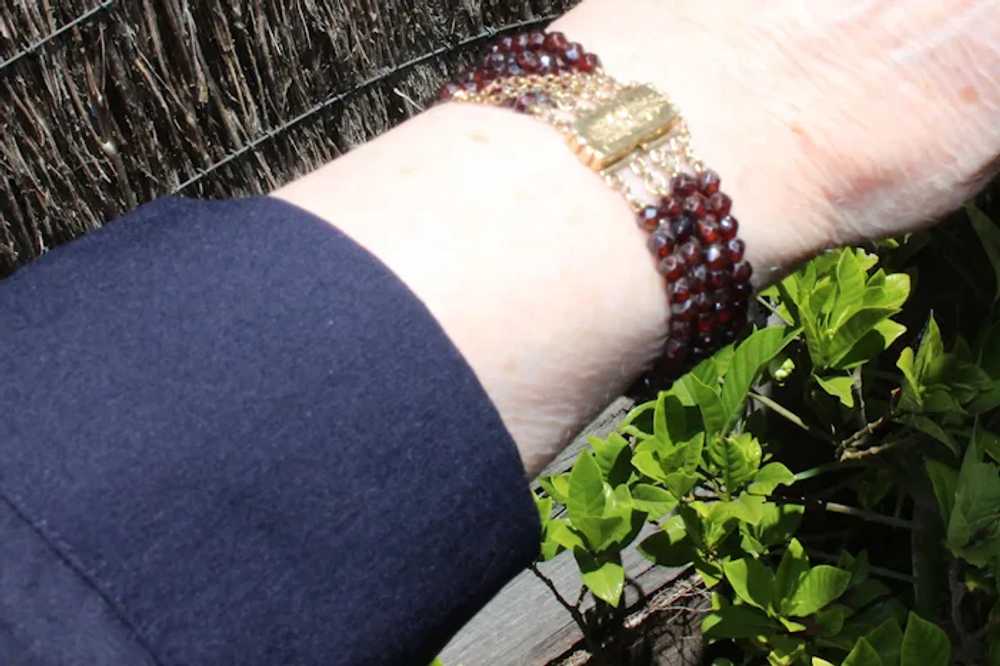 Antique four strand garnet bead bracelet, 14k yel… - image 4