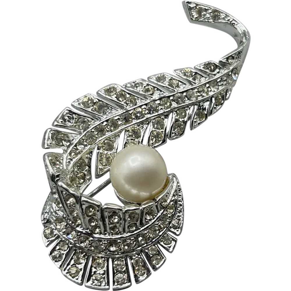 Vintage Feather with Pearl Pin Brooch Silver Tone… - image 1