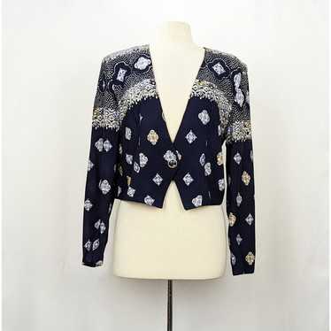 Vintage 90s Jacket Blue Floral Abstract Print Cro… - image 1
