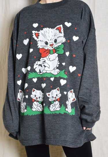 Vintage 90s Grey Graphic Cat Heart Sweatshirt Wome