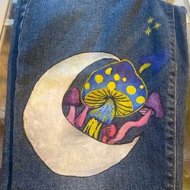 Hand painted upcycled lucky jeans, 70s/90s themed 