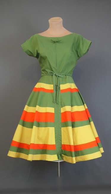Vintage 1950s Dress with Full Skirt, Olive Yellow 
