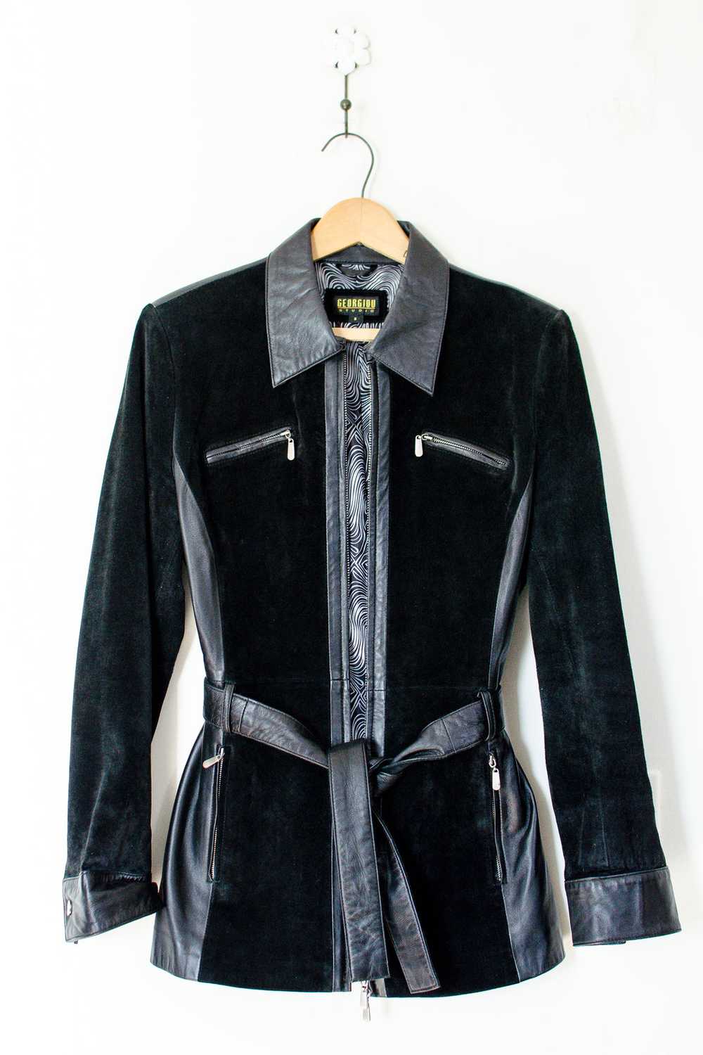 1990s Black Leather & Suede Belted Jacket / Small - image 5