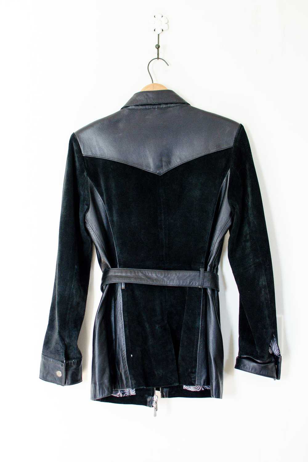 1990s Black Leather & Suede Belted Jacket / Small - image 9