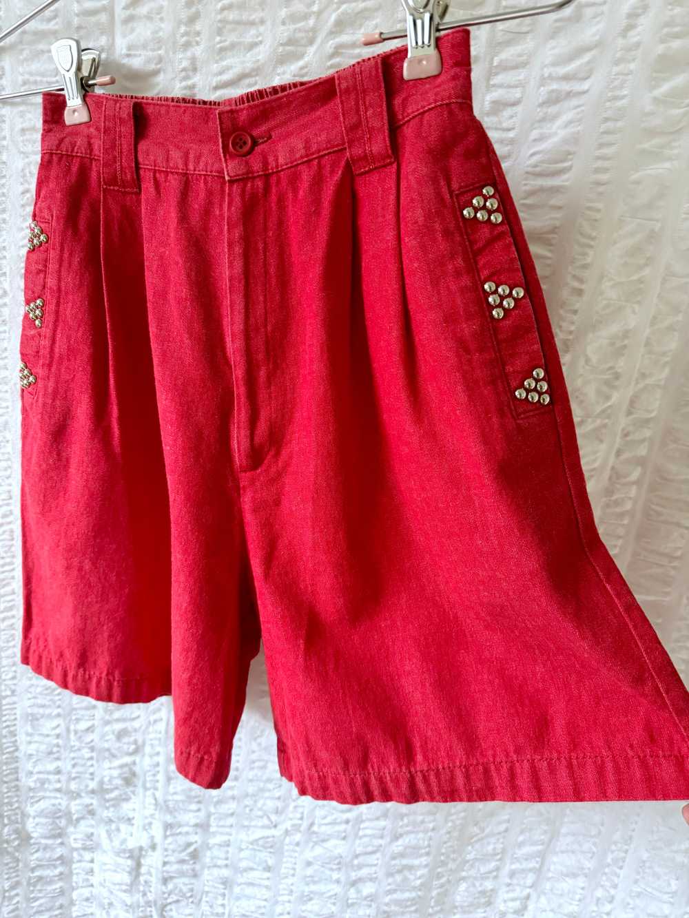 studded red denim shorts - image 2