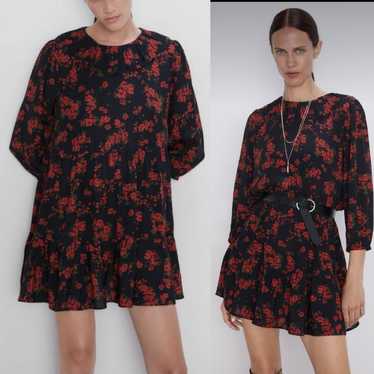 Zara Floral Ruffle Collar Mini Dress Red Black Sz… - image 1