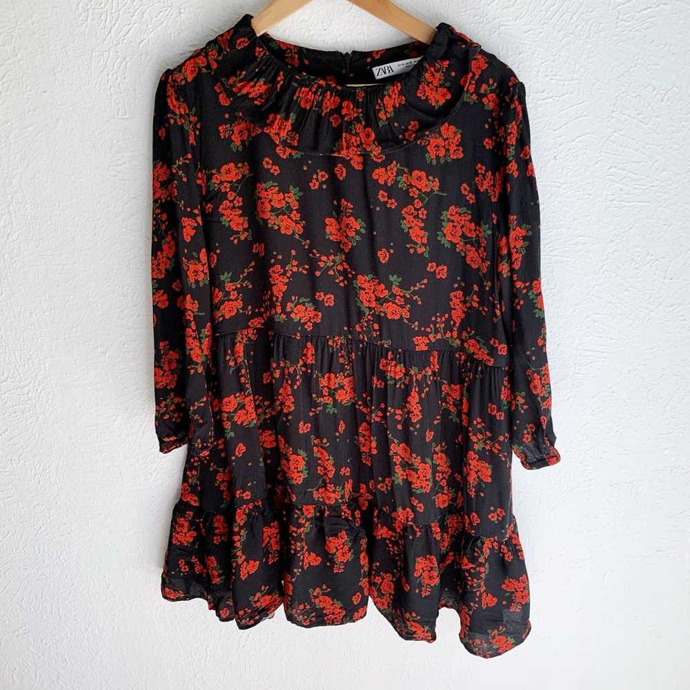 Zara Floral Ruffle Collar Mini Dress Red Black Sz… - image 2