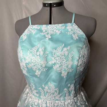 Vintage 80s 50s Blue Lace Sequin Chiffon Full Skirt Princess Prom Party  Dress XS