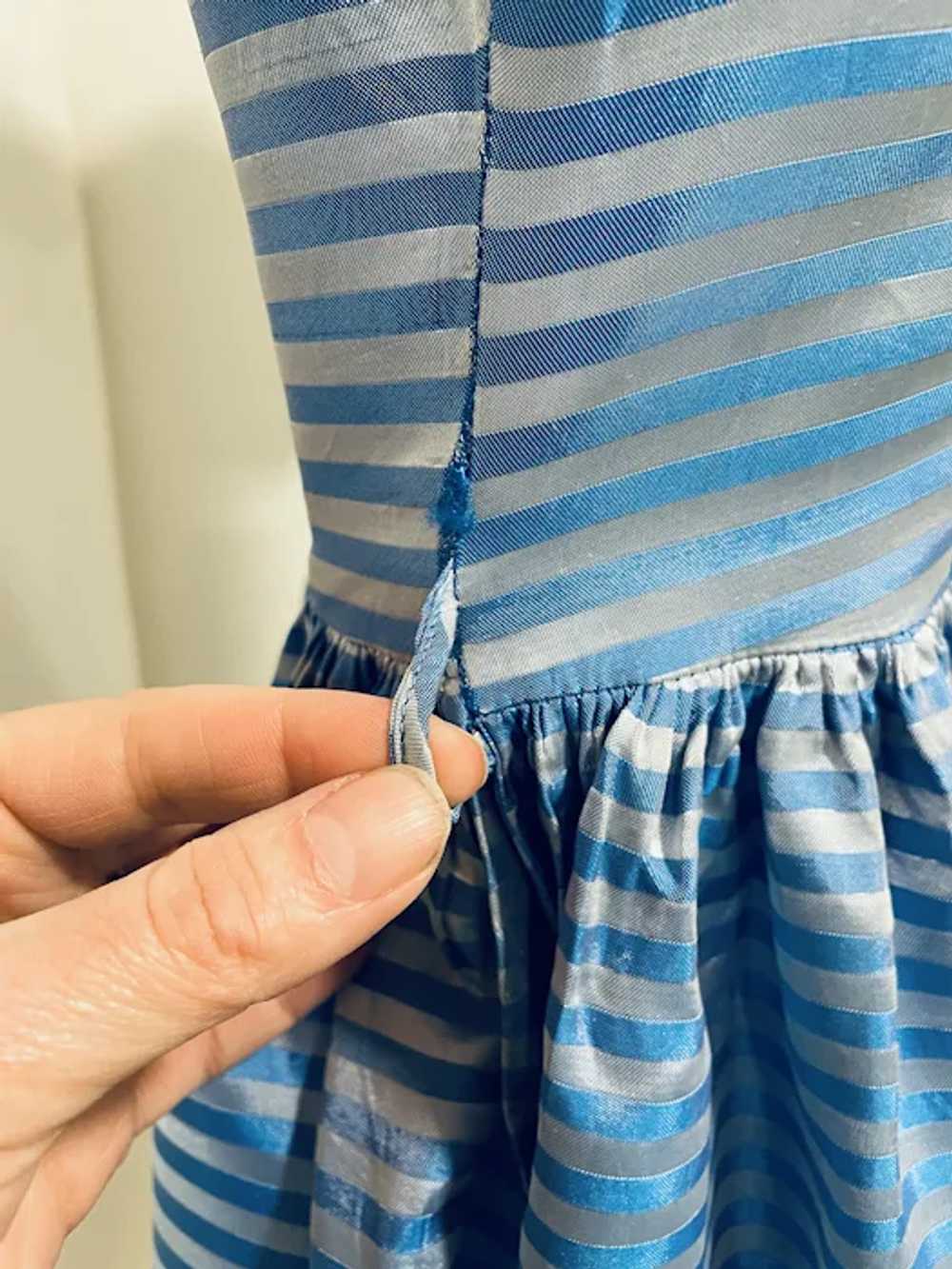 Vintage 1950s Blue and Silver Striped Dress - image 10