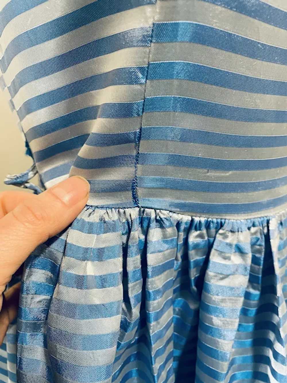 Vintage 1950s Blue and Silver Striped Dress - image 11