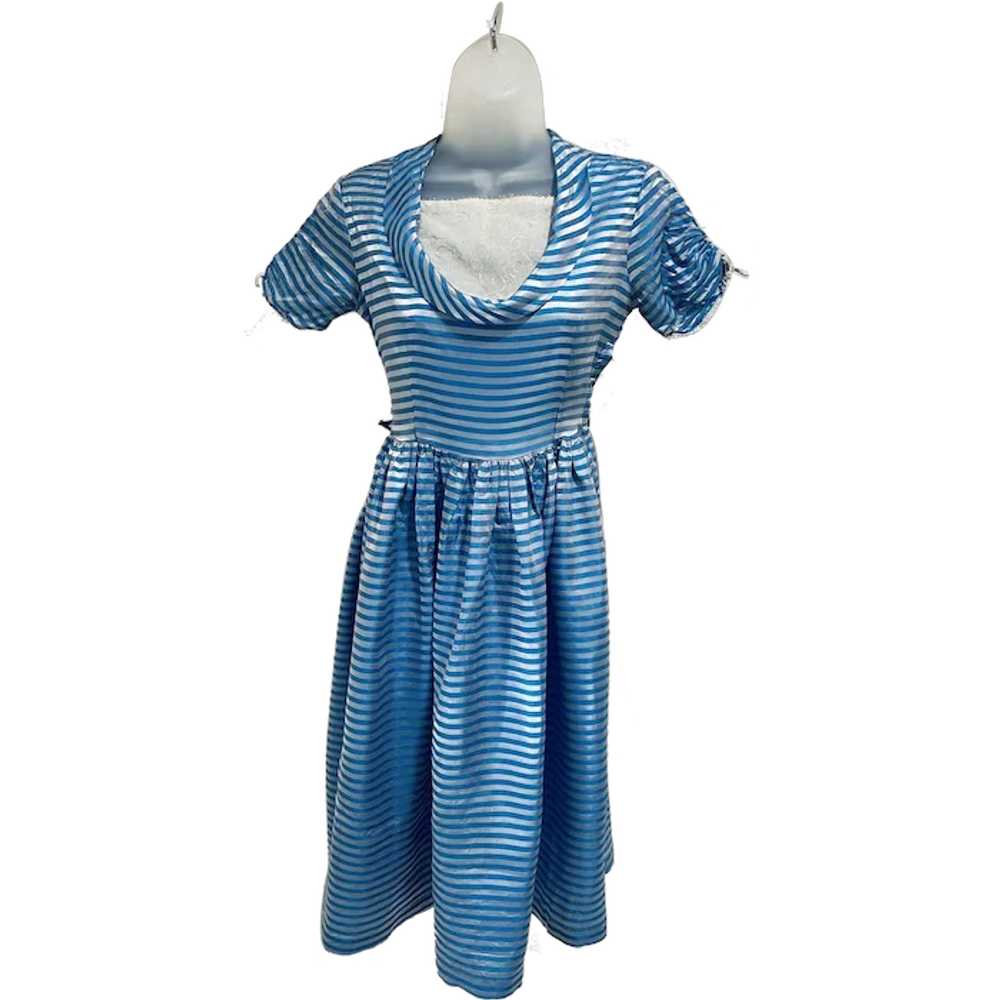 Vintage 1950s Blue and Silver Striped Dress - image 1
