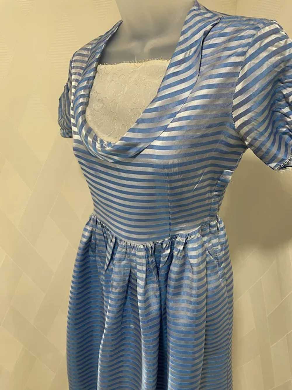 Vintage 1950s Blue and Silver Striped Dress - image 2