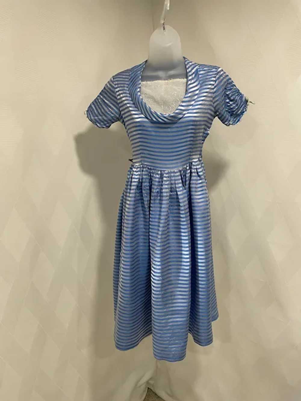 Vintage 1950s Blue and Silver Striped Dress - image 3