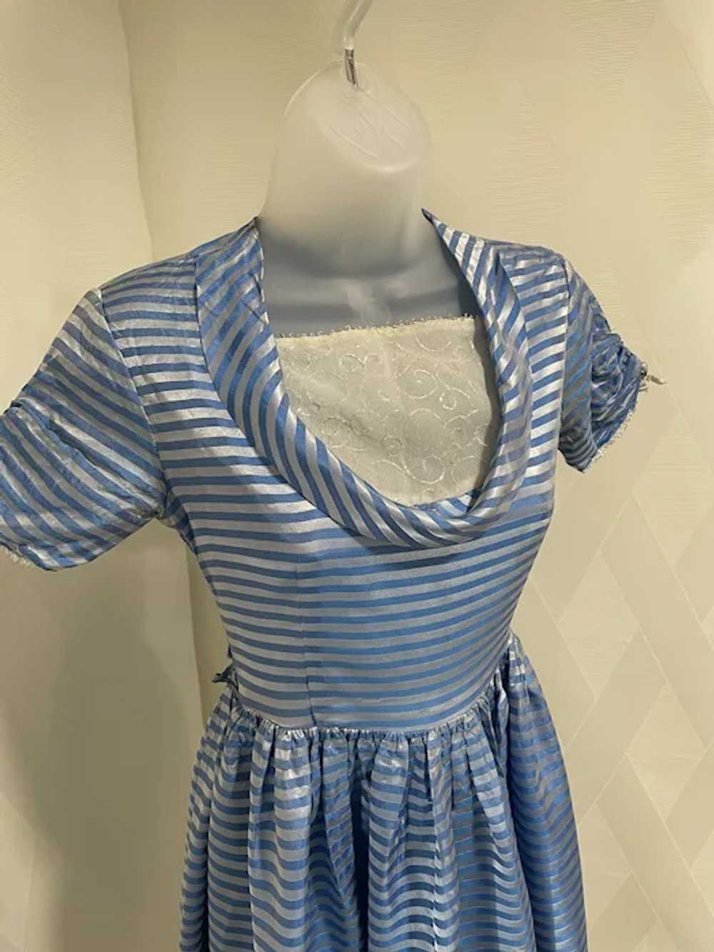 Vintage 1950s Blue and Silver Striped Dress - image 4